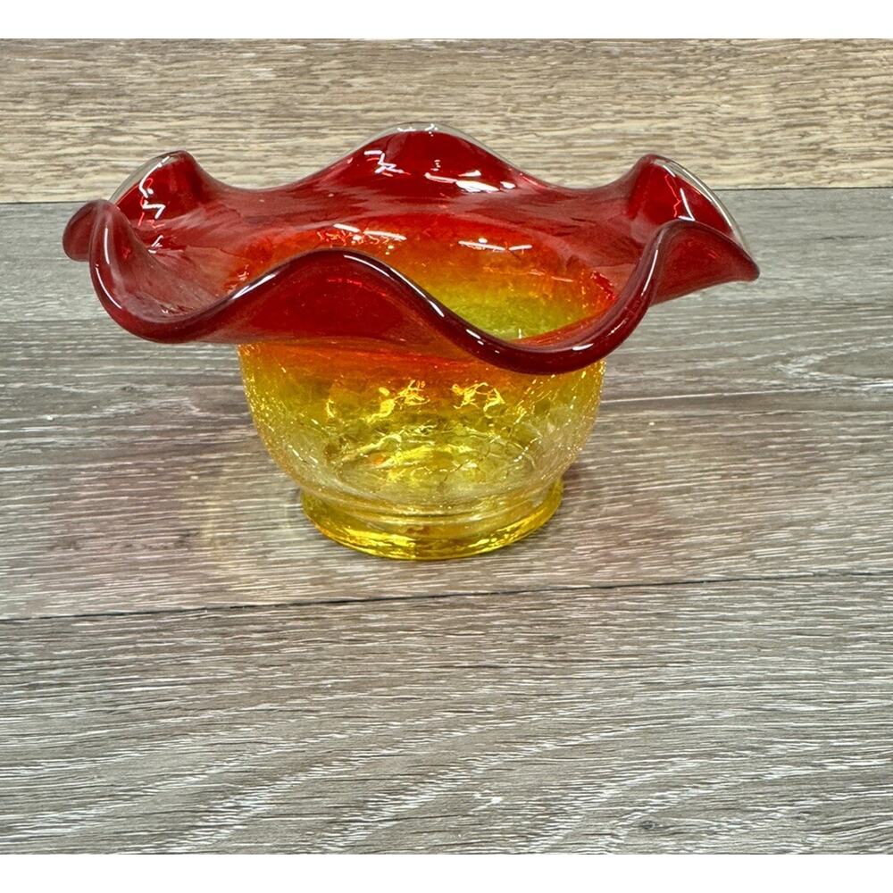 Vintage Amberina Crackle Glass Ruffle Bowl MCM 5.5”